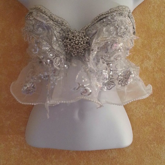 Silver Sequin Organza Crystal Babydoll Crop Top - Picture 2 of 6
